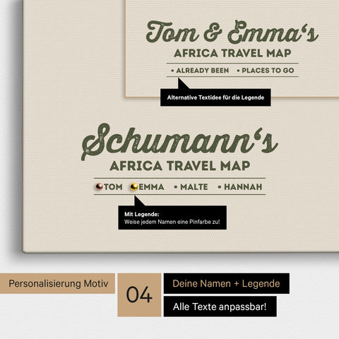 Pinnwand Leinwand einer Afrika-Karte in Dunkelgrün mit Personalisierung als Logo mit Familiennamen und Legende