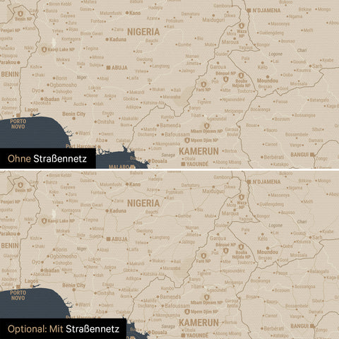 Landkarte von Afrika als Pinn-Leinwand in Hale Navy (Dunkelblau-Gold) wahlweise mit oder ohne eingedrucktem Straßennetz