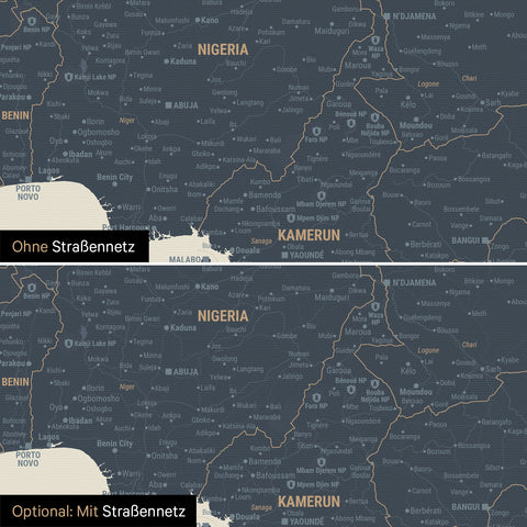 Landkarte von Afrika als Pinn-Leinwand in Navy Light wahlweise mit oder ohne eingedrucktem Straßennetz