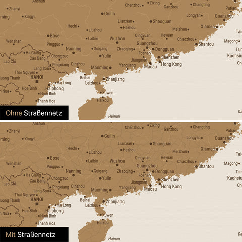 Vergleich einer Australien-Karte in Farbe Bronze mit und ohne Straßennetz