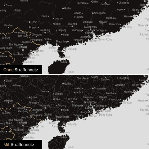 Vergleich einer Australien-Karte in Farbe Light Black mit und ohne Straßennetz