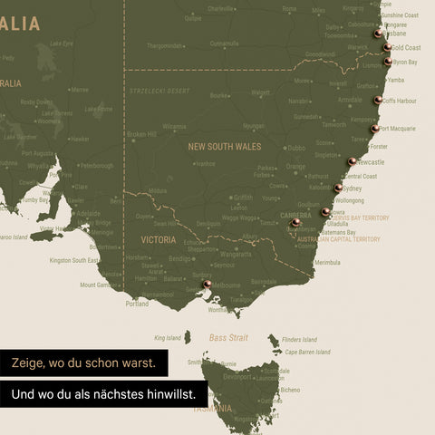 Ausschnitt einer Landkarte von Australien in Farbe Olive Green mit Pins zur Markierung von besuchten Reisezielen