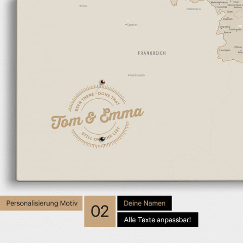 Benelux-Karte Pinn-Leinwand in Gold mit Personalisierung als rundes Logo, das eine Legende für bereits besuchte Reiseziele im Rundtext beinhaltet