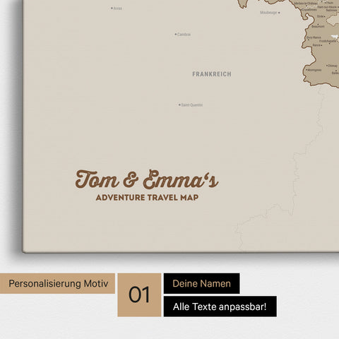 Landkarte von Niederlande, Belgien und Luxemburg als Pinnwand Leinwand in Multicolor Beige mit Personalisierung und Namen in einer modernen Schreibschrift