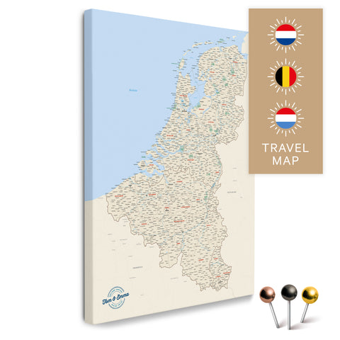 Benelux map with the Netherlands, Belgium, and Luxembourg in the color Multicolor Classic in a modern, minimalist design as a canvas for pinning trips and places