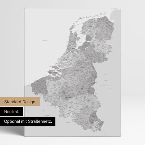 Neutrale Standard Ausführung der detaillierten Benelux-Karte als Pinnwand Leinwand in Multicolor Grau ohne Personalisierung