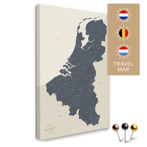 Benelux map with the Netherlands, Belgium, and Luxembourg in Navy Light color in a modern, minimalist design as a canvas for pinning trips and places