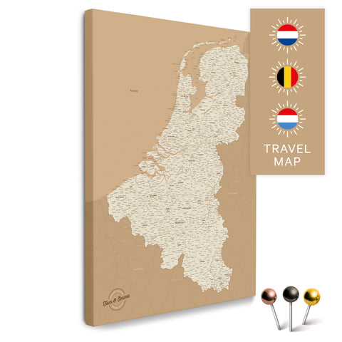 Benelux map with the Netherlands, Belgium, and Luxembourg in the color Treasure Gold in a modern, minimalist design as a canvas for pinning trips and places
