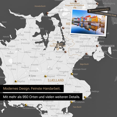 Detail of a dark gray Denmark map Push Pin Map showing travel destinations around Copenhagen marked with pins