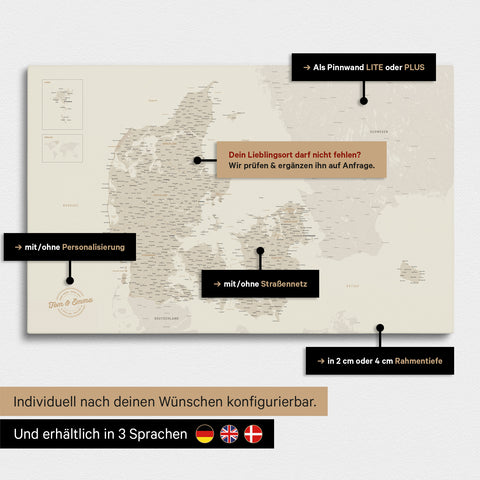 Diverse configuration options for a Denmark map as a gold Push Pin Map
