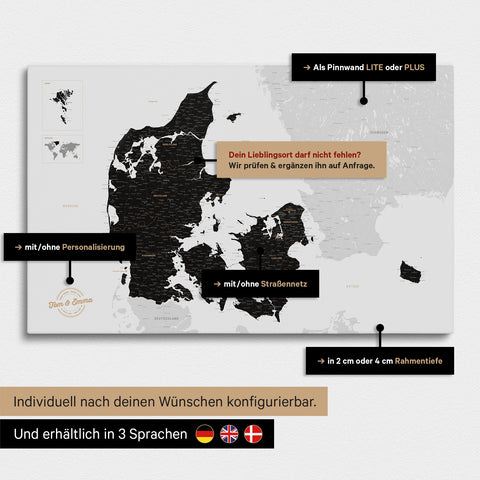 Diverse configuration options for a Denmark map as a Push Pin Map in Light Black