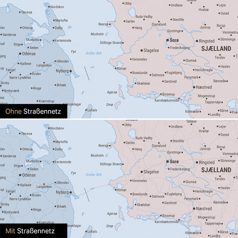 Politische Dänemark-Karte Pinn-Leinwand in Multicolor Atlas mit optional eingedrucktem Straßennetz aus Autobahnen und Landstraßen