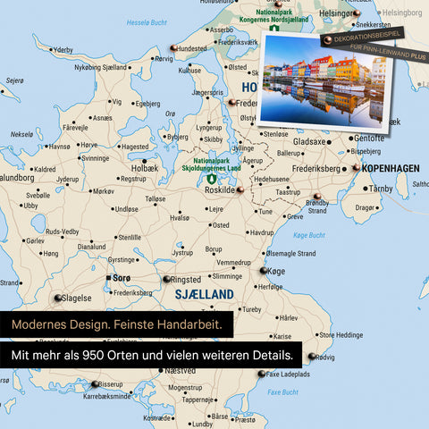 Detail of a Denmark map Push Pin Map in Multicolor Classic showing travel destinations around Copenhagen marked with pins