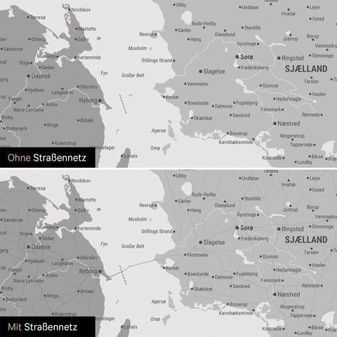 Dänemark-Karte Pinn-Leinwand in Multicolor Gray mit optional eingedrucktem Straßennetz aus Autobahnen und Landstraßen