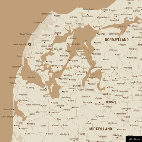 Mapa Danii TRAVEL® Canvas z pinezkami – złoty Treasure