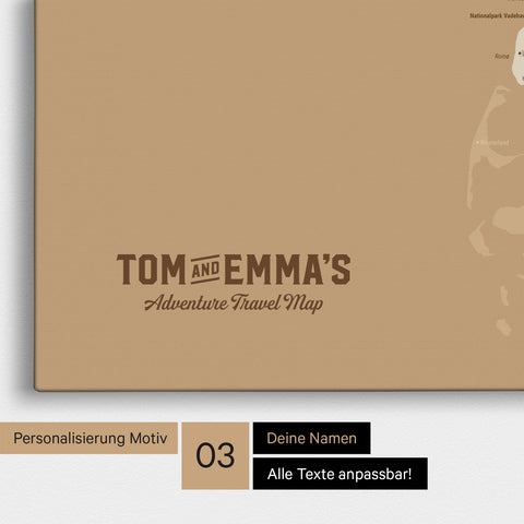 Mapa Danii TRAVEL® Canvas z pinezkami – złoty Treasure