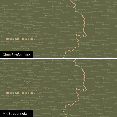 Deutschland-Karte Leinwand in Olive Green wahlweise mit oder ohne Straßennetz