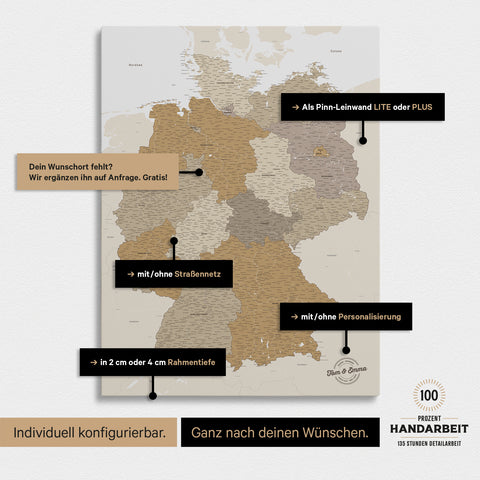 Vielfältige Konfigurationsmöglichkeiten einer Deutschland-Karte als Pinn-Leinwand in Multicolor Beige