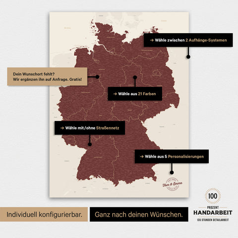 Übersicht über die vielfältigen Konfigurationsmöglichkeiten einer magnetischen Deutschland-Karte als Magnetboard in Bordeaux Rot, von der Auswahl des Aufhänge-Systems über Farben bis zum Detailgrad