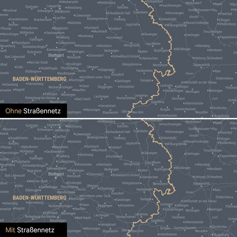 Magnetische Deutschland-Karte in Denim Blue mit optionalem Straßennetz von Autobahnen und Landstraßen