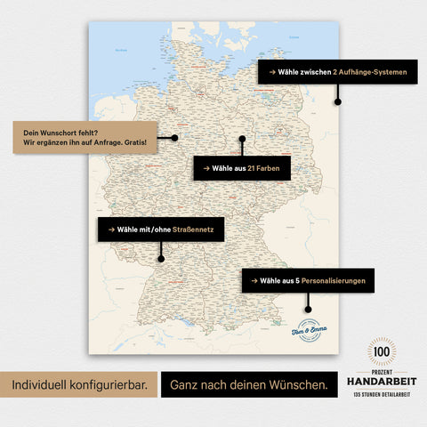 Übersicht über die vielfältigen Konfigurationsmöglichkeiten einer magnetischen Deutschland-Karte als Magnetboard in Multicolor Classic, von der Auswahl des Aufhänge-Systems über Farben bis zum Detailgrad