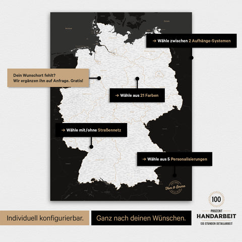 Übersicht über die vielfältigen Konfigurationsmöglichkeiten einer magnetischen Deutschland-Karte als Magnetboard in Schwarz-Weiss, von der Auswahl des Aufhänge-Systems über Farben bis zum Detailgrad