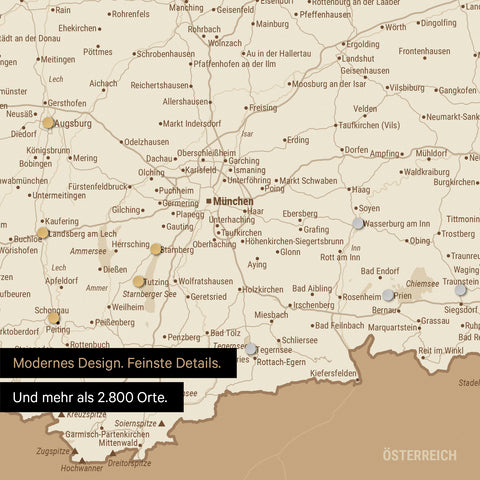 Ausschnitt einer magnetischen Deutschland-Karte in Treasure Gold zeigt Karte von Bayern, auf der Magnete Reiseziele markieren