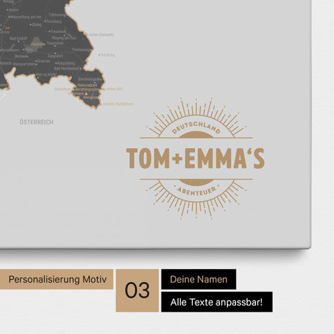Deutschland-Karte als Pinn-Leinwand in Light Gray mit eingedruckten Namen als Logo in Form einer Sonne
