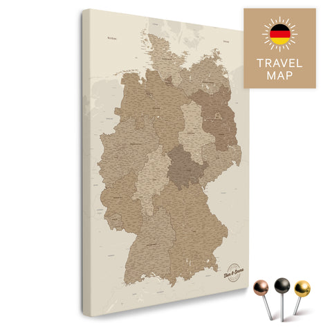Deutschland-Karte in Multicolor Brown als Pinnwand Leinwand zum Pinnen und Markieren von Reisezielen kaufen