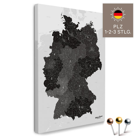 Deutschland-Karte mit Postleitzahlen 1-2-3-stellig in Light Black als Pinnwand Leinwand zum Pinnen und Markieren kaufen