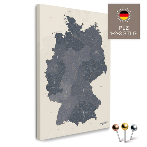 Deutschland-Karte mit Postleitzahlen 1-2-3-stellig in Navy Light als Pinnwand Leinwand zum Pinnen und Markieren kaufen