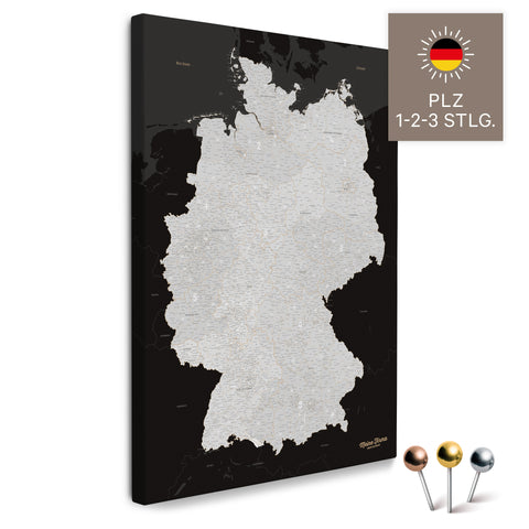Deutschland-Karte mit Postleitzahlen 1-2-3-stellig in Schwarz-Weiss als Pinnwand Leinwand zum Pinnen und Markieren kaufen