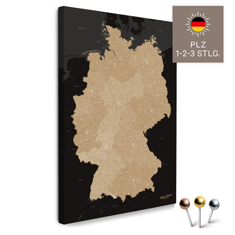 Deutschland-Karte mit Postleitzahlen 1-2-3-stellig in Sonar Black als Pinnwand Leinwand zum Pinnen und Markieren kaufen
