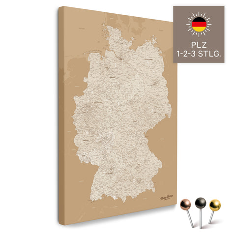 Deutschland-Karte mit Postleitzahlen 1-2-3-stellig in Treasure Gold als Pinnwand Leinwand zum Pinnen und Markieren kaufen