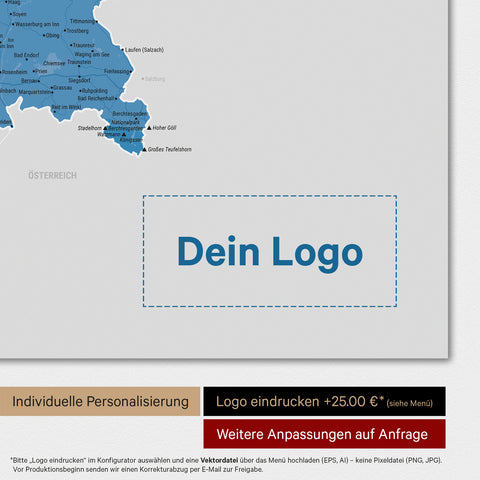 Deutschland-Karte als Poster in Blau mit Eindruck eines Firmenlogos