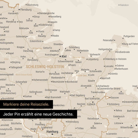 Detail einer Deutschland-Karte als Poster in Gold mit Pins in Schleswig-Holstein