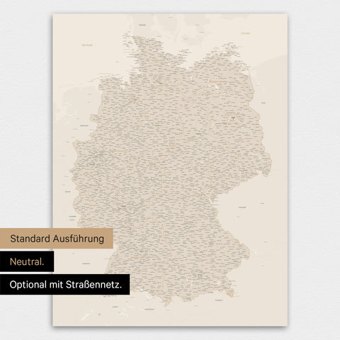 Neutrale und schlichte Standard-Ausführung einer Deutschland-Karte als Poster in Gold