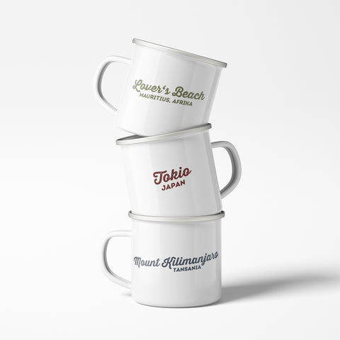 Emaille-Tasse mit Personalisierung und silbernem Edelstahlrand