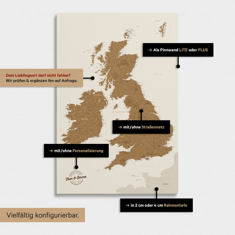 Vielfältige Konfigurationsmöglichkeiten einer England- & Großbritannien-Karte in Bronze