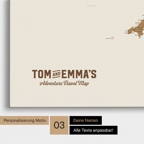 Mapa Anglii (Wielka Brytania) i Irlandii TRAVEL® Canvas z pinezkami – Brązowy