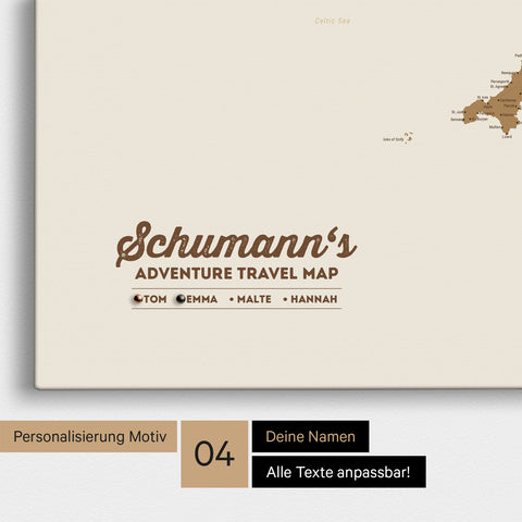 Mapa Anglii (Wielka Brytania) i Irlandii TRAVEL® Canvas z pinezkami – Brązowy
