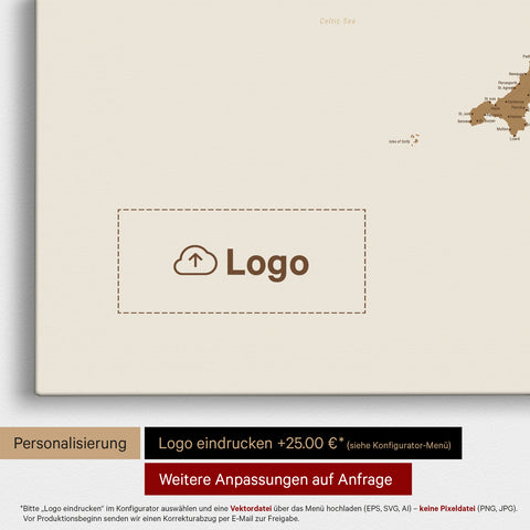 Mapa Anglii (Wielka Brytania) i Irlandii TRAVEL® Canvas z pinezkami – Brązowy