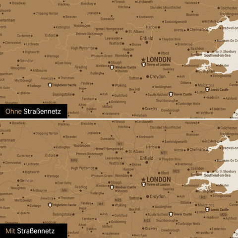 Mapa Anglii (Wielka Brytania) i Irlandii TRAVEL® Canvas z pinezkami – Brązowy