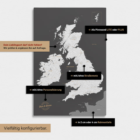 Versatile configuration options for a dark gray England & Great Britain map