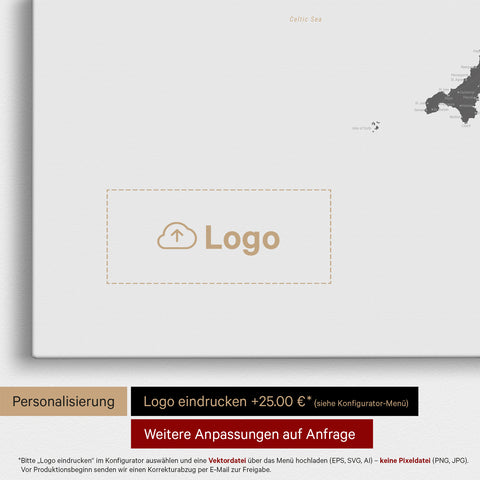 Mapa Anglii (Wielka Brytania) i Irlandii TRAVEL® Canvas z pinezkami – Jasny szary