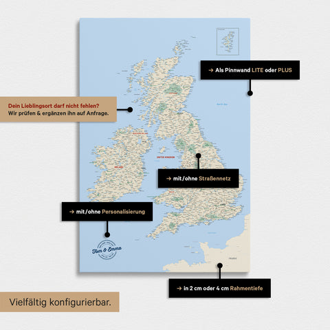 Vielfältige Konfigurationsmöglichkeiten einer England- & Großbritannien-Karte in Multicolor Classic