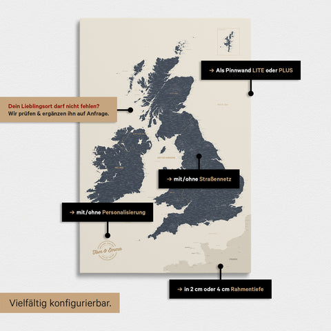 Versatile configuration options for an England & Great Britain map in Navy Light