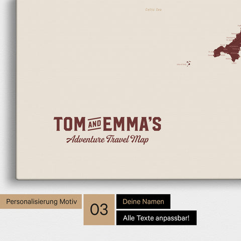 Mapa Anglii (Wielka Brytania) i Irlandii TRAVEL® Canvas z pinezkami – Bordowy