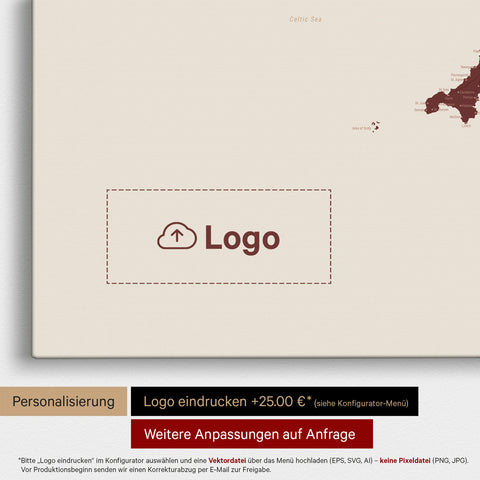 Mapa Anglii (Wielka Brytania) i Irlandii TRAVEL® Canvas z pinezkami – Bordowy