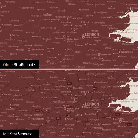 Mapa Anglii (Wielka Brytania) i Irlandii TRAVEL® Canvas z pinezkami – Bordowy